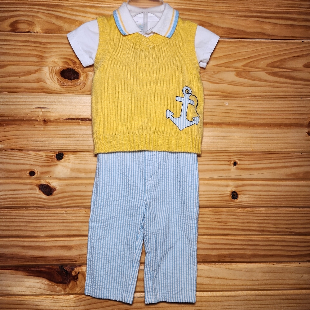 Nursery Rhyme Yellow & Blue Anchor Seersucker Sweater Vest & Pant Set Boys 6-9m